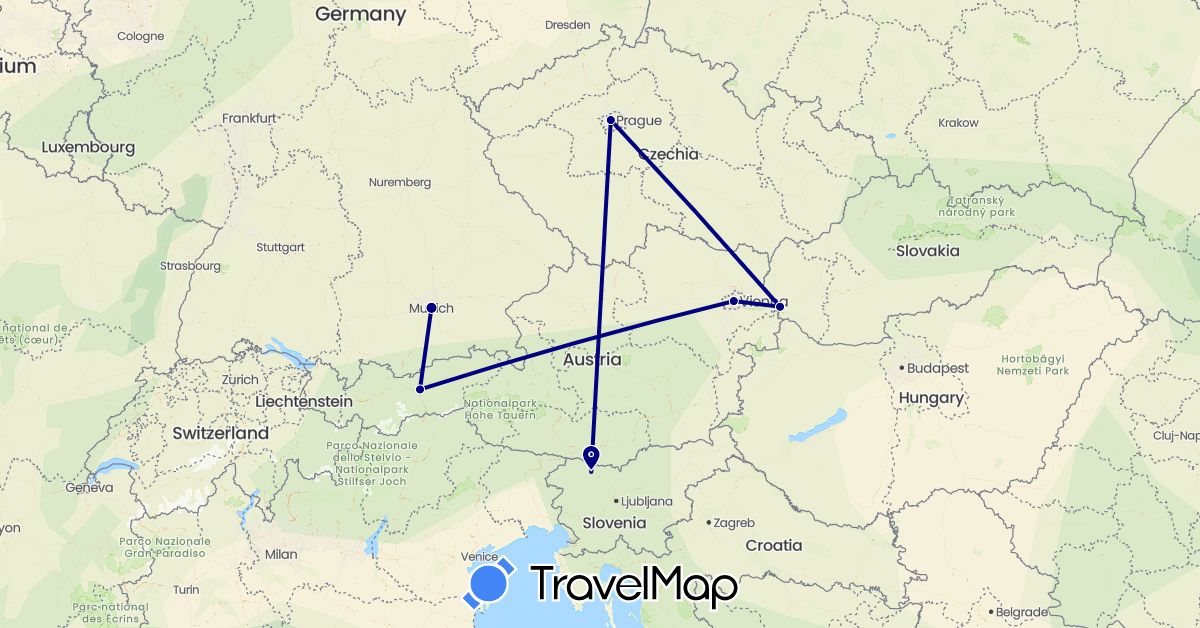 TravelMap itinerary: driving in Austria, Czech Republic, Germany, Slovenia, Slovakia (Europe)